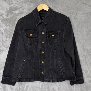 Jones of New York Black Denim Jacket‎ Womens XL Gold Buttons Stretch Western EUC